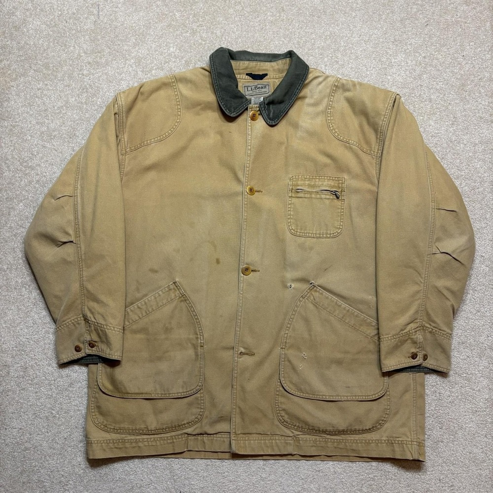 Vtg LL Bean Jacket XXL Beige Canvas Plaid Lined Field Barn Chore Coat Distressed